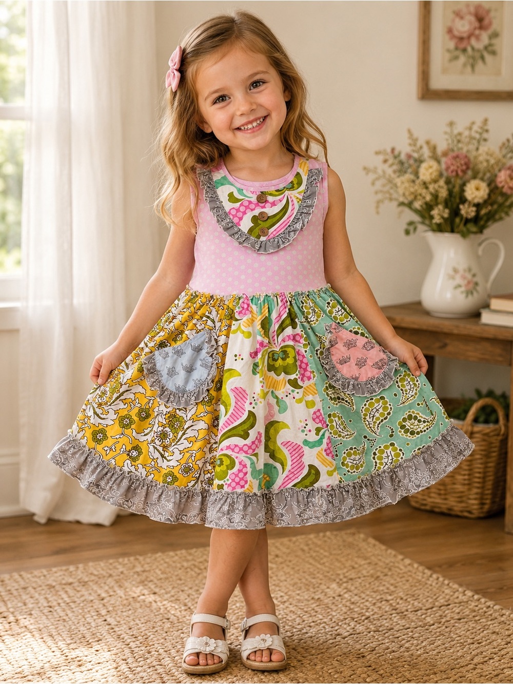 Mustard Pie polka dot pink, yellow, green, twirl dress with ruffles & pockets